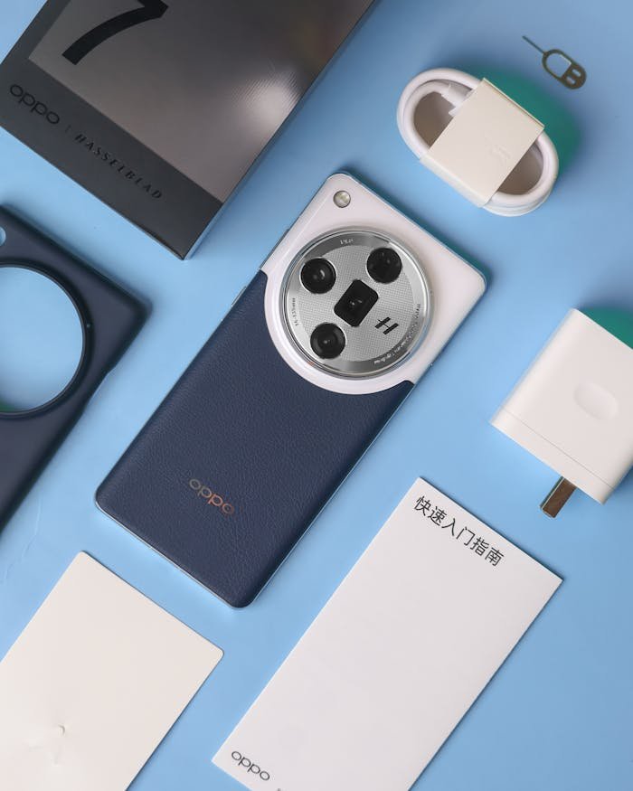 Top-view of Oppo smartphone and accessories on a blue background.